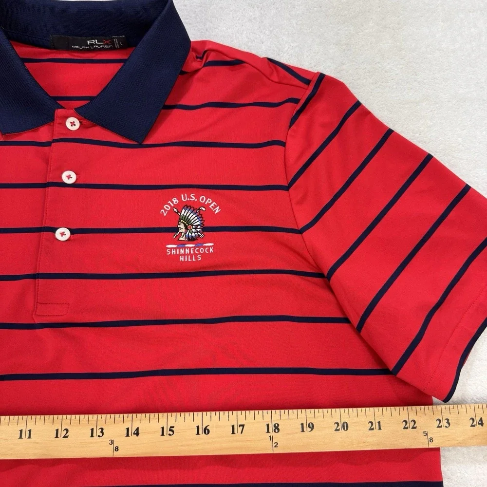 RLX Ralph Lauren Golf Polo Shirt Men Red L Striped US‎ Open Shinnecock Hills - Picture 6 of 9